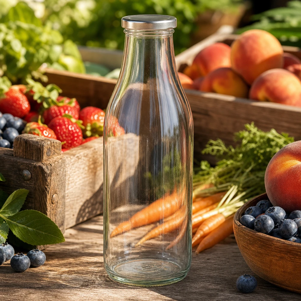 1000 ml glasflaske + BasicSeal-låg sølv UNiTWIST. Absolut lækagesikker med stort TO48-låg. Til mælk, juice og limonade. 1000 ml glasflaske BasicSeal sølv mellem frisk frugt og grøntsager på træbord naturlig markedsbodstemning