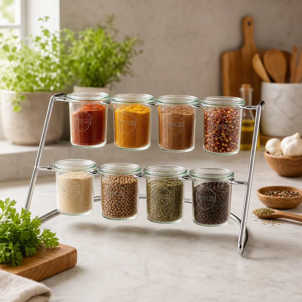 Flato8-serveringsstativ til 8 WECK-glas Flato8 serveringsstativ med krydderier og krydderurter i WECK-krukker som krydderihylde i et moderne køkken med krydderurtepotter