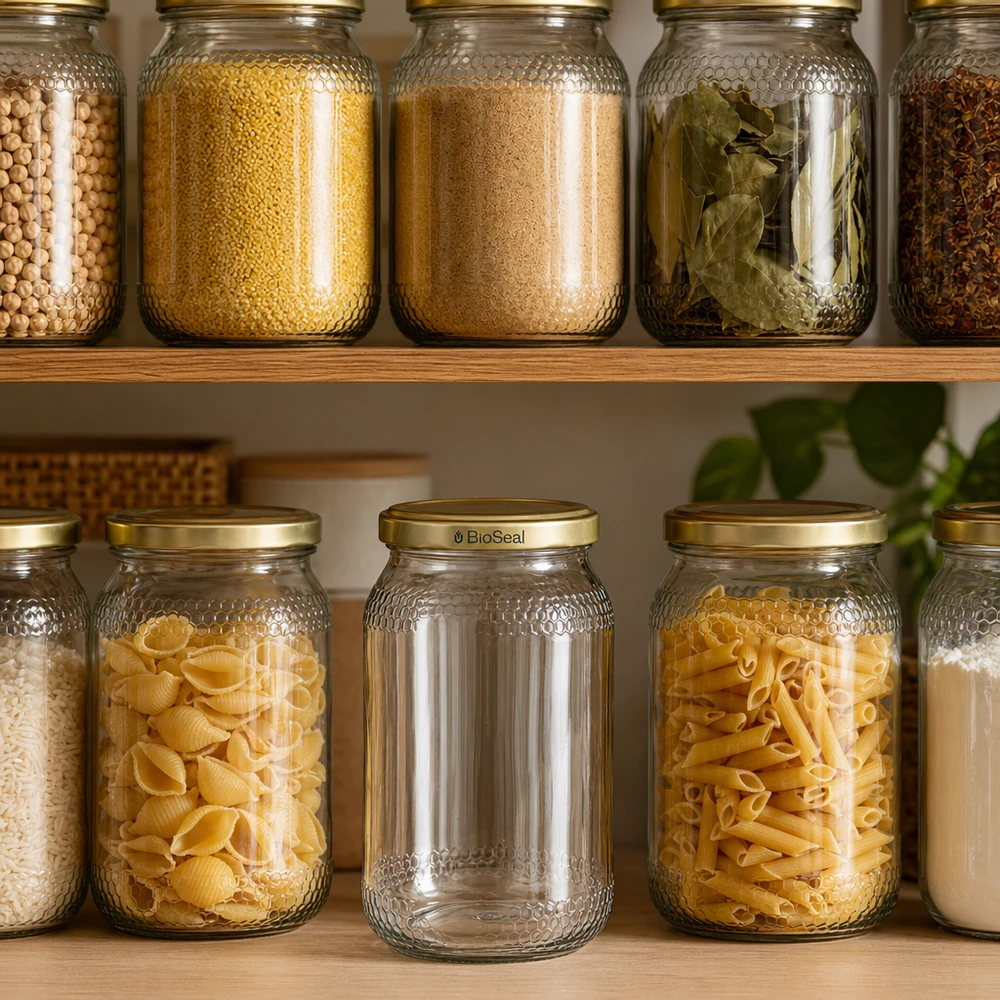 1260 g honningglas med gyldent BioSeal UNiTWIST-låg 900 ml honningkrukke med BioSeal-låg guld i organiseret spisekammer mellem pastakrydderier og morgenmadsprodukter
