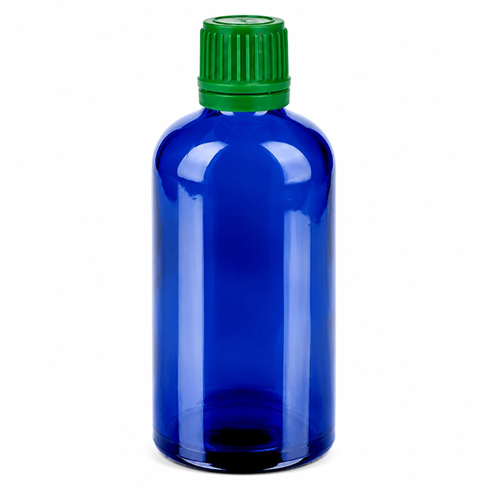 100 ml flaske 11 mm SV grøn OV BlueLine UT18/100 Blå 100 ml glasflaske med grønt skruelåg til æteriske olier og tinkturer