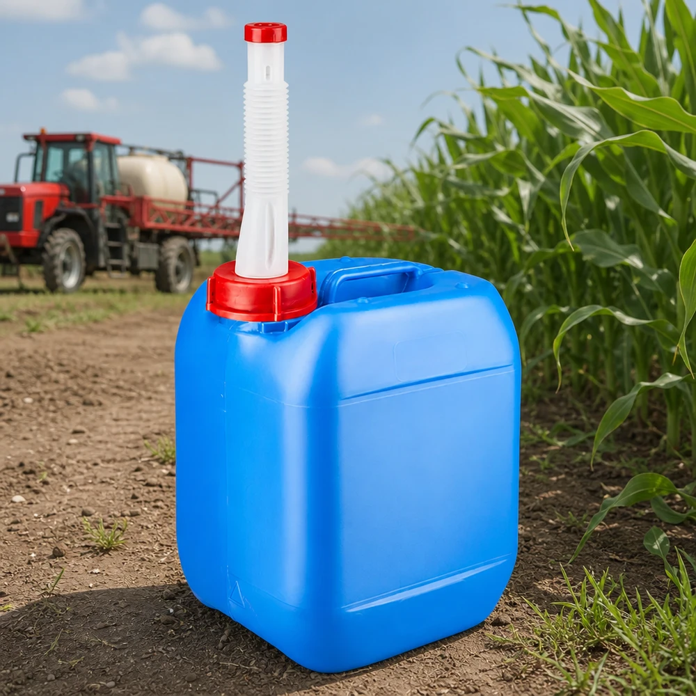 5 liters blå dunk med fleksibelt udløbsrør 5-liters landbrugsdunk i blå med fleksibelt udløbsrør og rødt låg foran en majsmark og en traktor