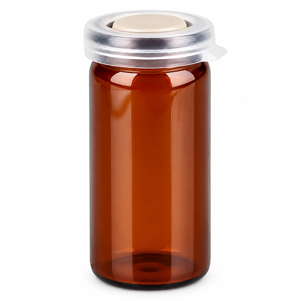 Brunt glas med rullet kant, 10 ml, med kliklåg til tabletter og kapsler