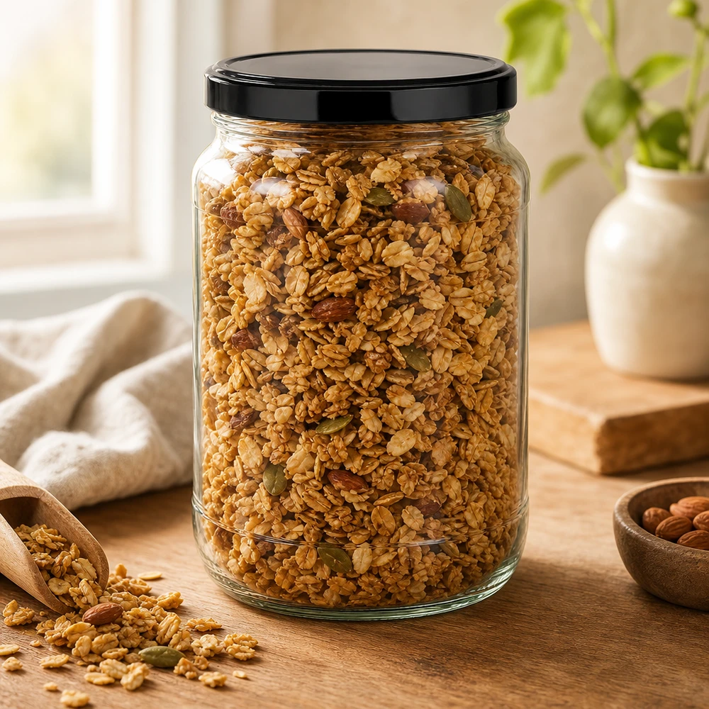 1700 ml rund krukke med BasicSeal-låg sort UNiTWIST Müsli granola i 1700 ml rund krukke sort BasicSeal låg træske nødder korn opbevaring opbevaring