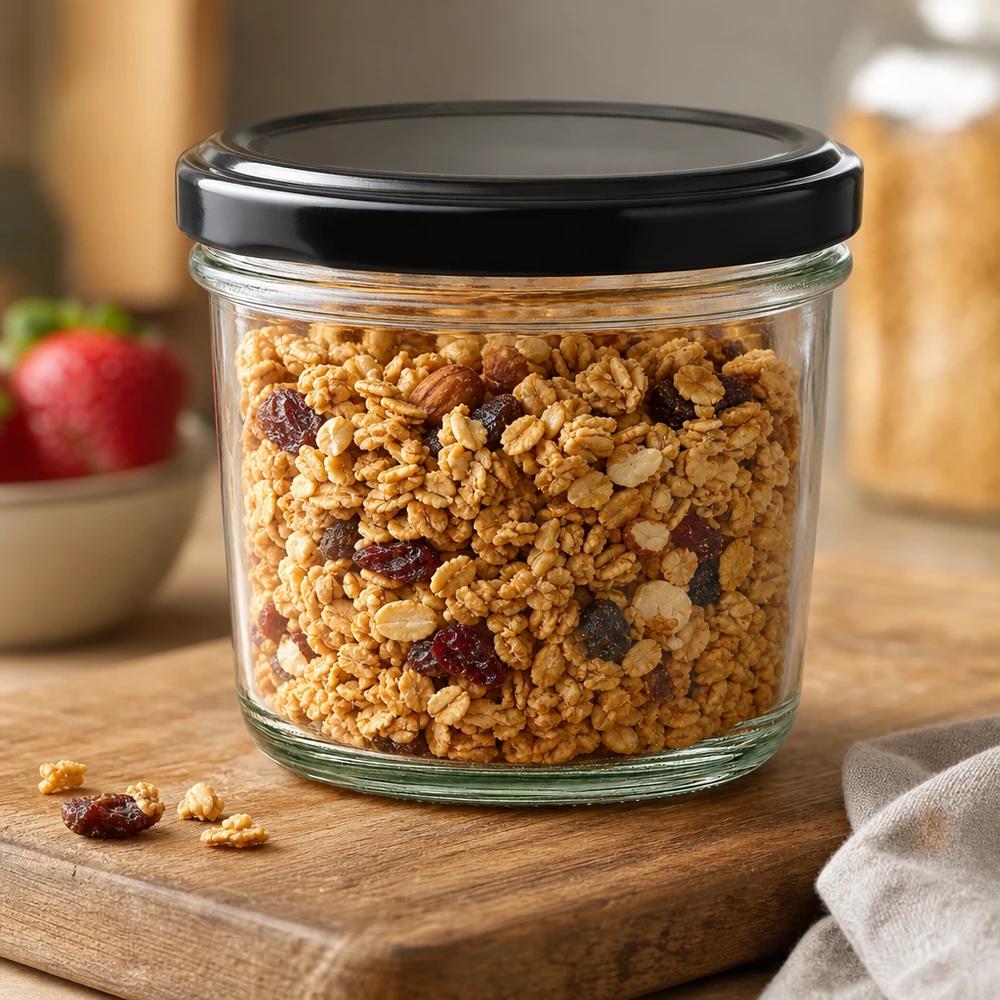 230 ml Briller med BasicSeal-låg sort UNiTWIST 230 ml murerbalje fyldt med müsli og tørret frugt viser alsidig brug til madopbevaring