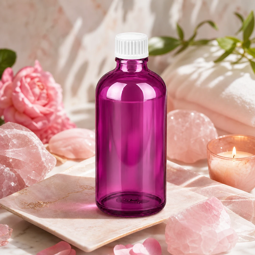 100 ml (globule) flaske 3 mm hældering hvid Standard PurpleLine. UT18/100 Violet kosmetikflaske 100 ml af glas med hvidt skruelåg til hudpleje og serum