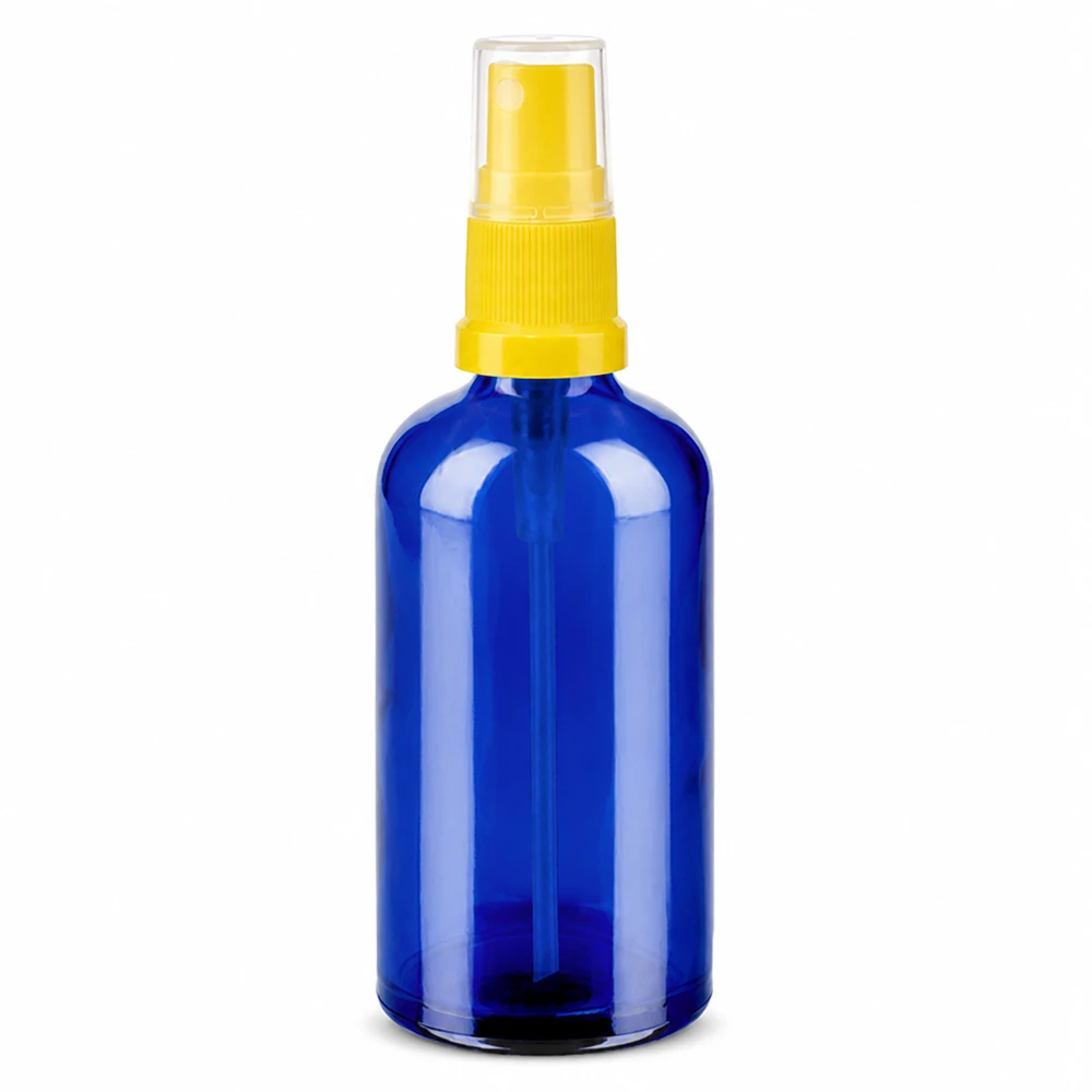 100 ml blå glasflaske med gult sprayhoved til kosmetik og aromaterapi