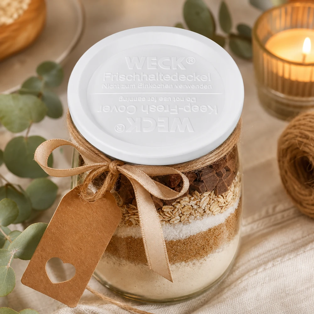WECK/REX keep-fresh-låg RR120 WECK keep-fresh låg RR120 på krukke til bageingredienser med chokoladehavregryn beige sløjfe dekoration køkken