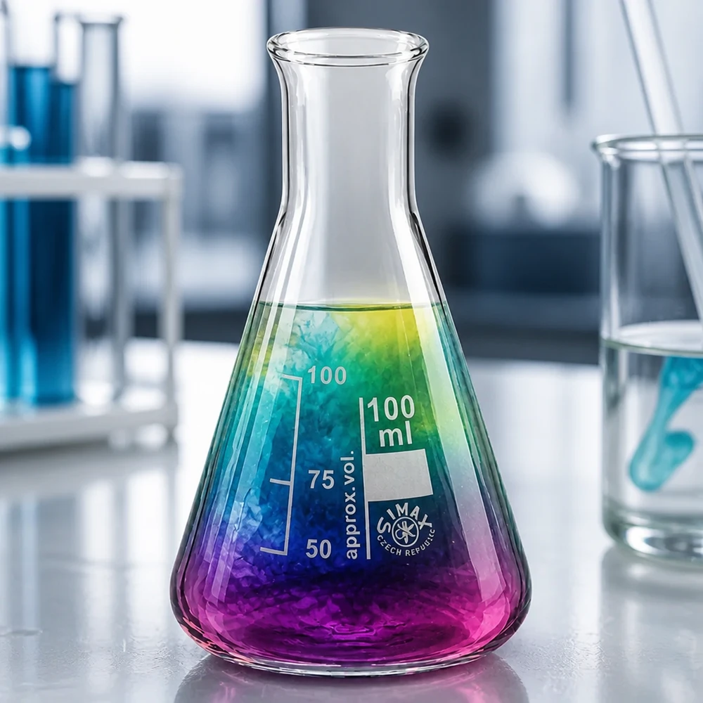 Erlenmeyer-kolbe 100 ml med smal hals Erlenmeyer-kolbe 100 ml med farvegradient og smal hals til kemiske eksperimenter