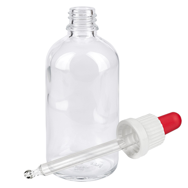 100 ml pipetteflaske hvid/rød OV ClearLine UT18/100 100 ml ClearLine-pipetteflaske med dråbepipette og rød gummikugle, hvid, UT18