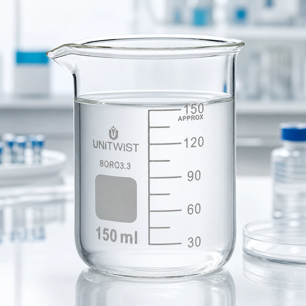 Bæger 150 ml borosilikat, lav form UNiTwist UNiTwist-bægerglas, 150 ml, borosilikat 3.3, lav form, fyldt med klart vand i laboratoriet