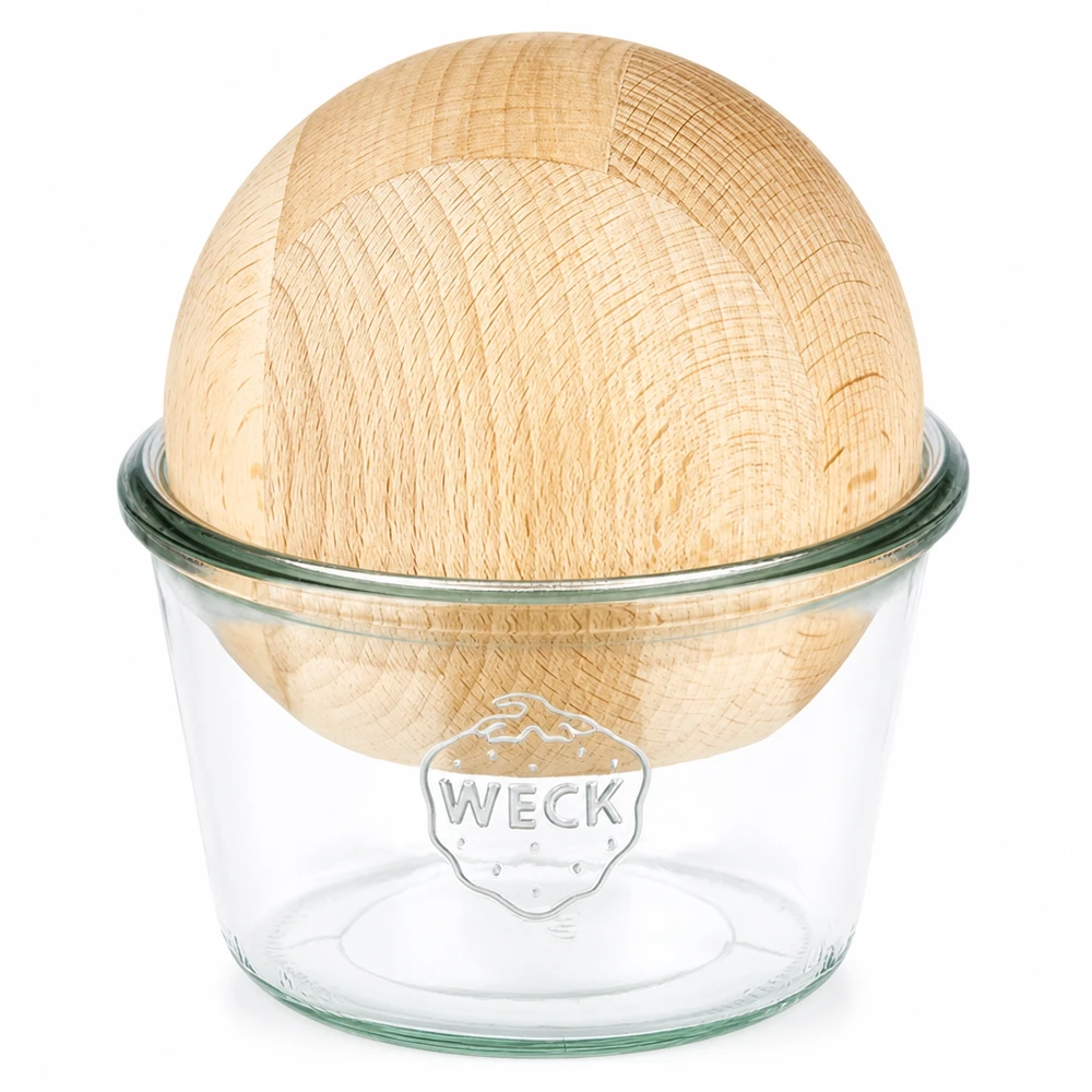 370 ml Briller WECK RR100 med trækugle bøg WECK tromlekrukke 370 ml RR100 med kuglelåg af bøgetræ gennemsigtig glaskrukke til konservering