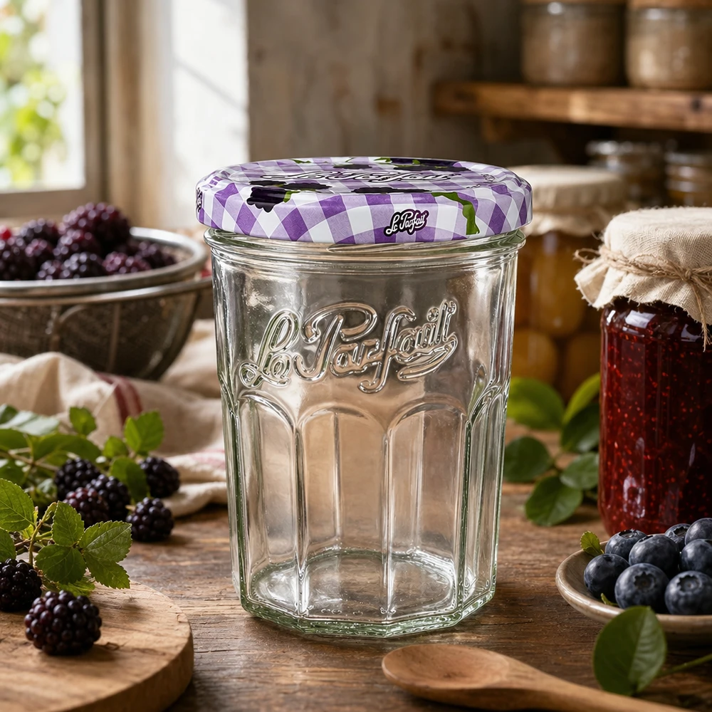 Le Parfait® Jam 385 ml Ø82 mm syltetøjsglas Le Parfait-bægre 385 ml i et rustikt køkken dekoreret med friske bær og hjemmelavet marmelade