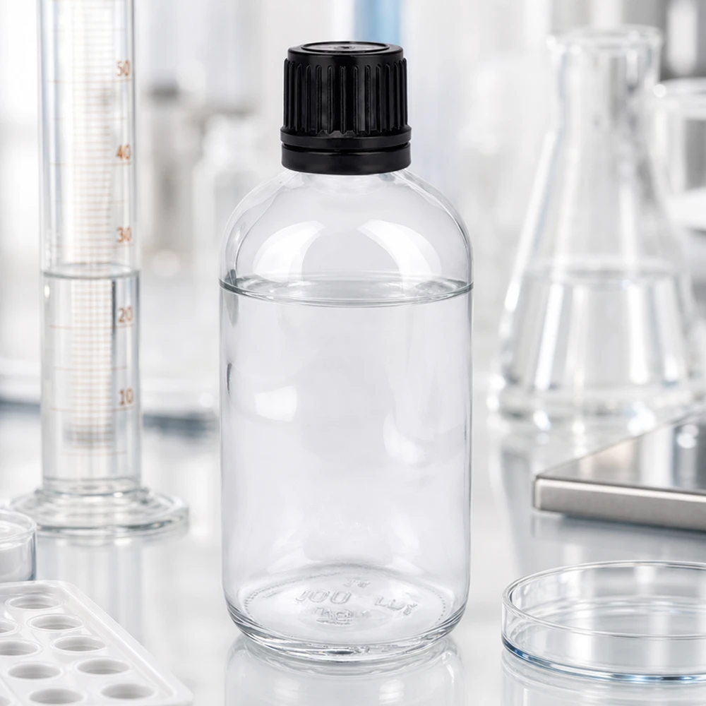 100ml (kugle)Flas. 8mm GR s. STD ClearL. UT18/100 Gennemsigtig 100 ml laboratorieflaske med 8 mm globulflaske og sort plastlåg