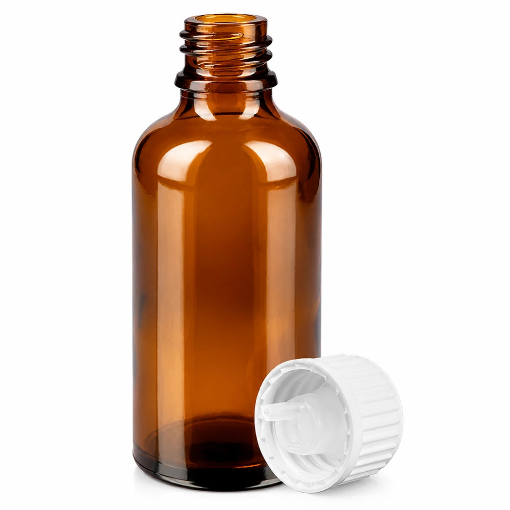 50 ml dråbeflaske 0,9 mm hvid STD BrownLine UT18/50 50 ml BrownLine dråbeflaske af ravfarvet glas med hvid standardhætte til apoteker og laboratorier