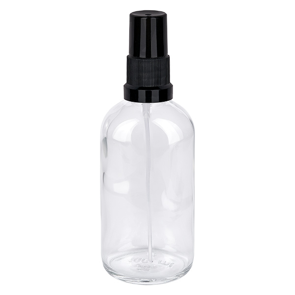 100 ml sprayflaske sort STD ClearLine UT18/100 Gennemsigtig 100 ml glasflaske med sort forstøverhoved STD ClearLine UT18/100