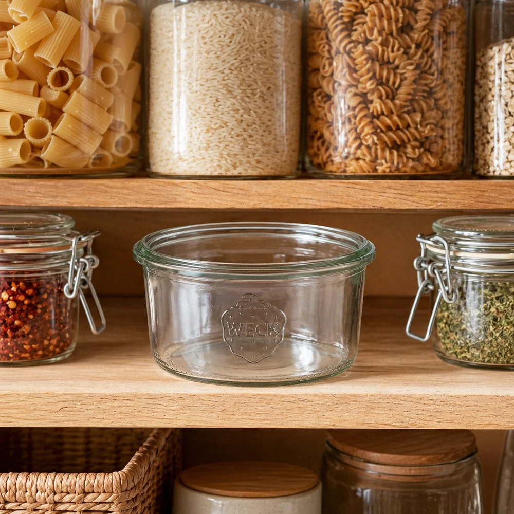 165 ml WECK RR80-glas med skrå kant WECK 165ml RR80 glaskrukke i spisekammer med pasta og krydderier - opbevaringskrukke i glas til køkken og husholdning
