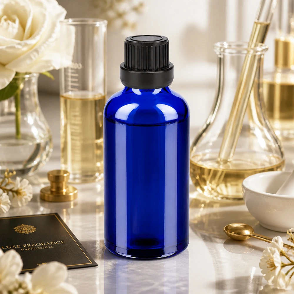 Elegant blå glasflaske på 50 ml med sort sikkerhedsdæksel til parfume og kosmetik