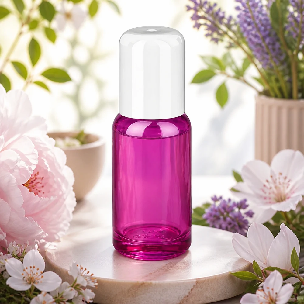 20 ml roll-on-flaske hvid standard PurpleLine UT18/20 Elegant 20 ml glasflaske med roll-on-applikator i transparent violet til duftolier