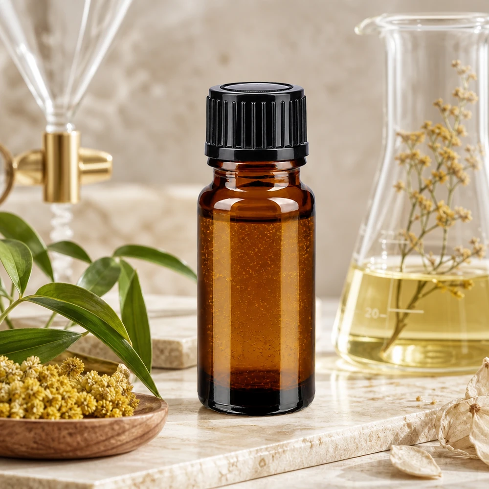Apoteksflaske brun 10ml skruelåg sort pc Brun 10 ml apotekerflaske med sort låg ved siden af en Erlenmeyer-kolbe og gule blomster