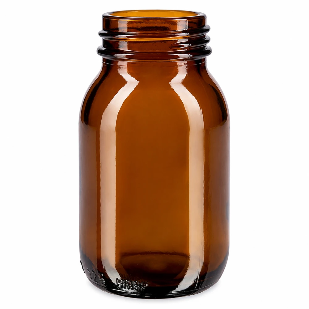 125 ml flaske med bred hals, ravfarvet glas 125 ml flaske med bred hals lavet af ravfarvet glas til medicin og kosttilskud