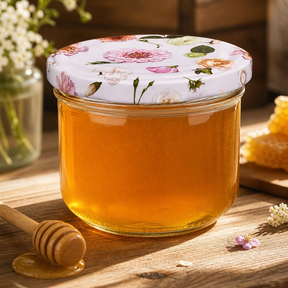 260 ml væltet glas + BasicSeal låg Blomst rosa UNiTWIST 260 ml glas med lyserødt blomsterlåg fyldt med honning ved siden af honningskeen - dekorativ opbevaring af søde sager