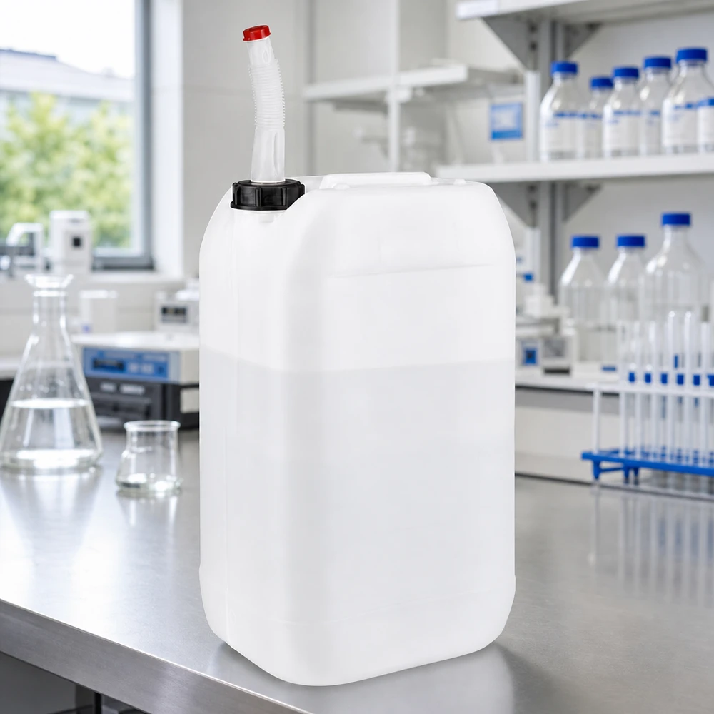 Laboratoriebeholder på 15 liter med sort skruelåg og bøjelig hældetud af HDPE