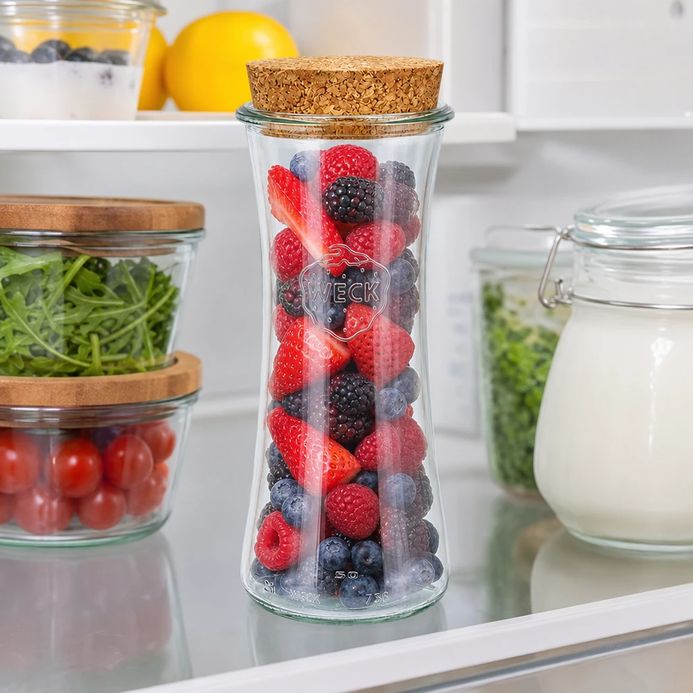 700 ml delikatesseglas WECK RR80 med kork natur WECK RR80 opbevaringsglas 700 ml med korklåg fyldt med bær i køleskabet mellem andre opbevaringsglas med grøntsager