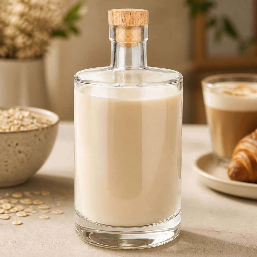 700 ml glasflaske »Marie« med træhåndtag UNiTWIST® 700 ml Marie-glasflaske med cremet havremælk og træprop ved siden af havreflager og kaffekop