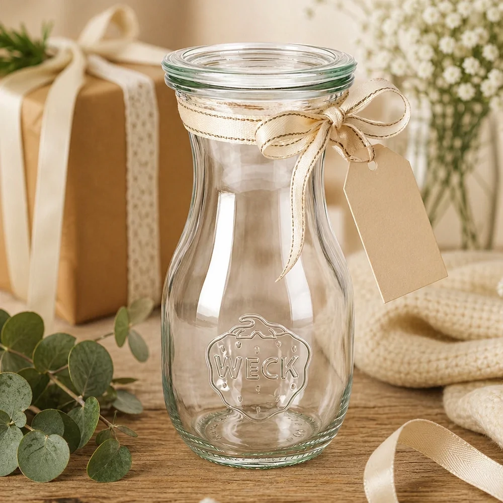 290 ml saftflaske med glaslåg WECK RR60 WECK juiceflaske 290 ml RR60 som gaveidé dekoreret med sløjfe og mærke ved siden af gaveæske og blomster