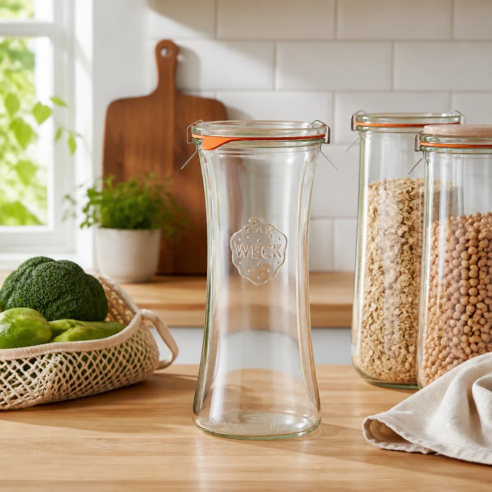700 ml delikatesseglas komplet WECK RR80 WECK RR80 delikatesseglas 700 ml tomt på træbord i lyst køkken med avocado, lime og opbevaringskrukker