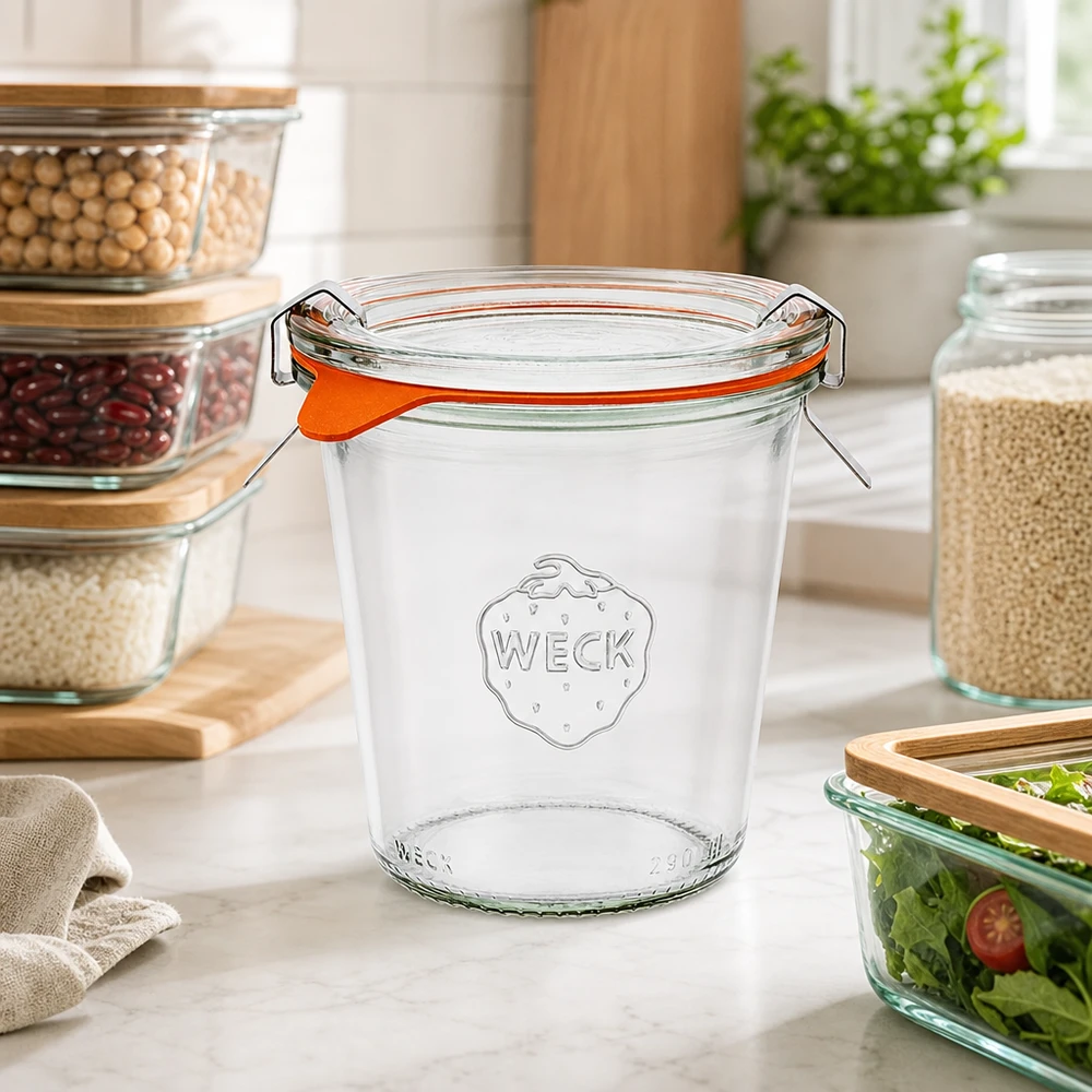 WECK konserveringsglas 290 ml RR80 med orange gummiring og svingtop i moderne køkken med opbevaringskrukker
