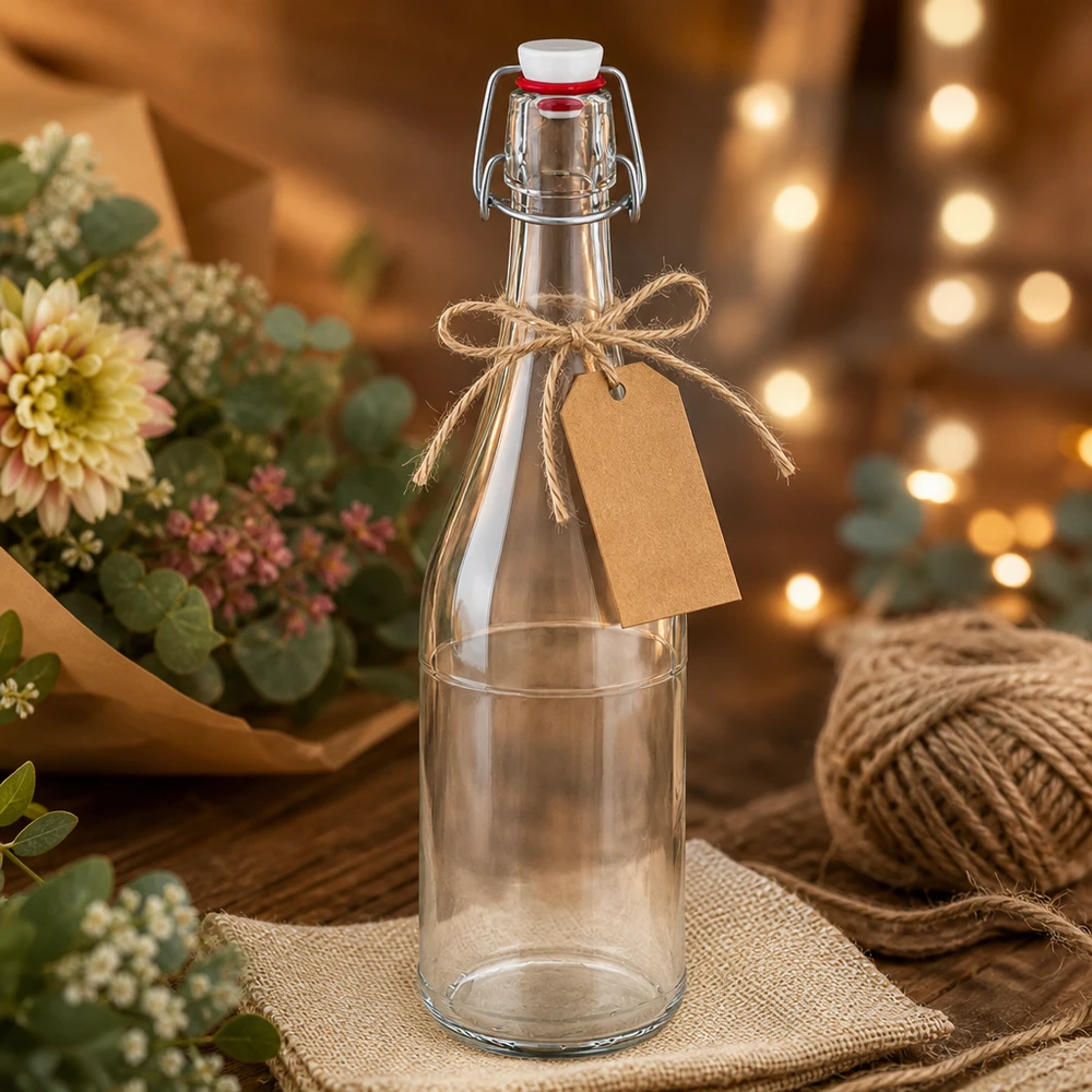 750 ml glasflaske og hængelåg i PVC UNiTWIST 750 ml glasflaske swing top PVC UNiTWIST gaveemballage håndværk papir vedhæng rustik dekoration