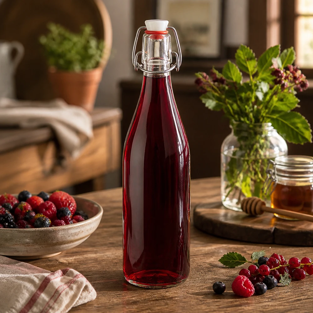 500 ml glasflaske og hængelåg porcelæn UNiTWIST 500 ml glasflaske med svingtop med rød bærsaft på træbord ved siden af friske bær og honning i køkkenet