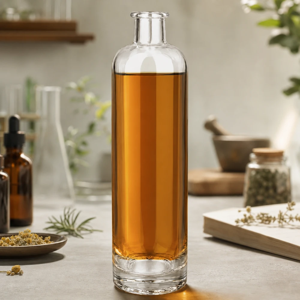 500 ml glasflaske »Ella« uden lukning UNiTWIST® 500 ml glasflaske Ella UNiTWIST fyldt med kamillete omgivet af urter og naturprodukter Livsstilsscene