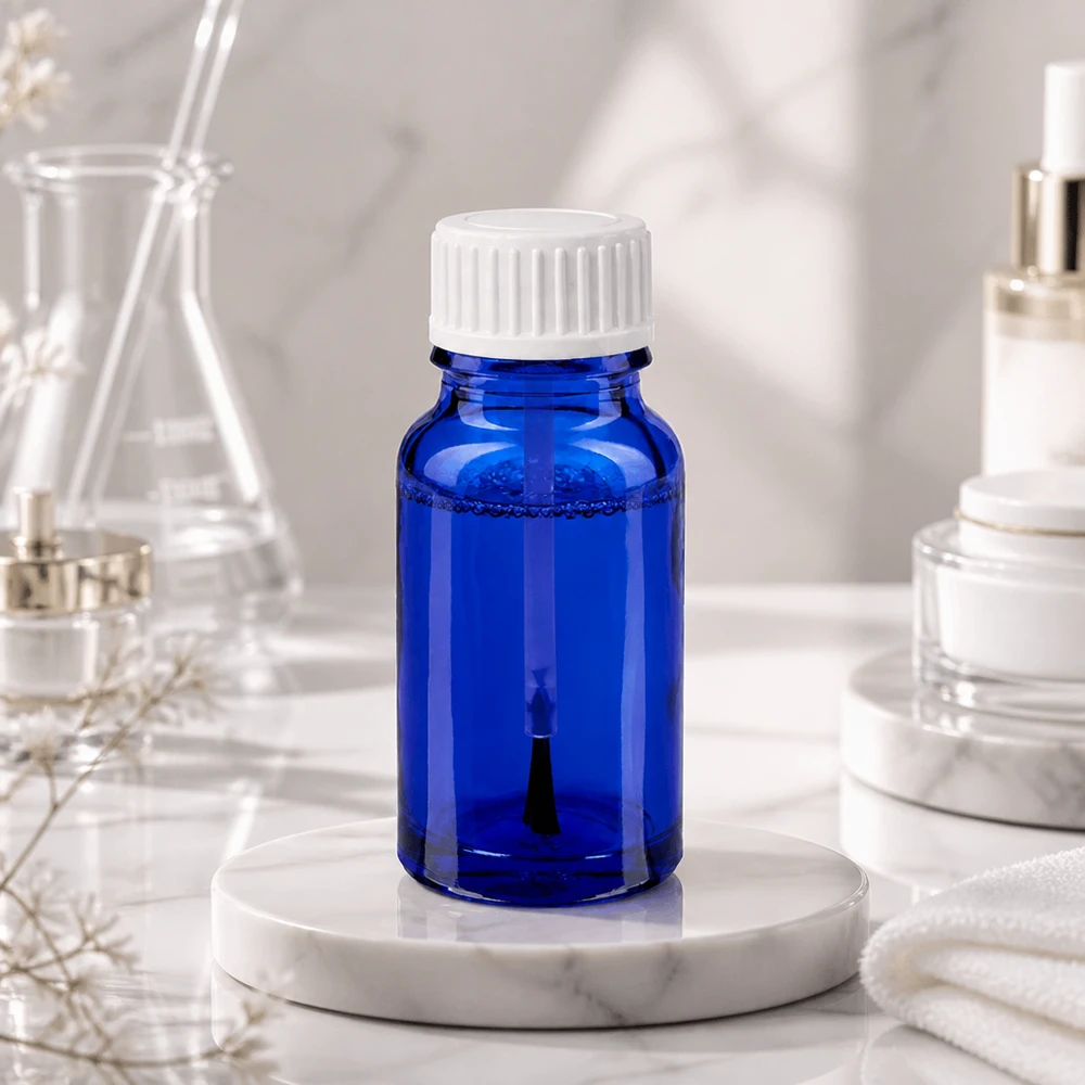 10 ml børsteflaske hvid STD BlueLine UT18/10 Blå 10 ml glasflaske med hvid hætte til laboratorie- og kosmetikindustrien