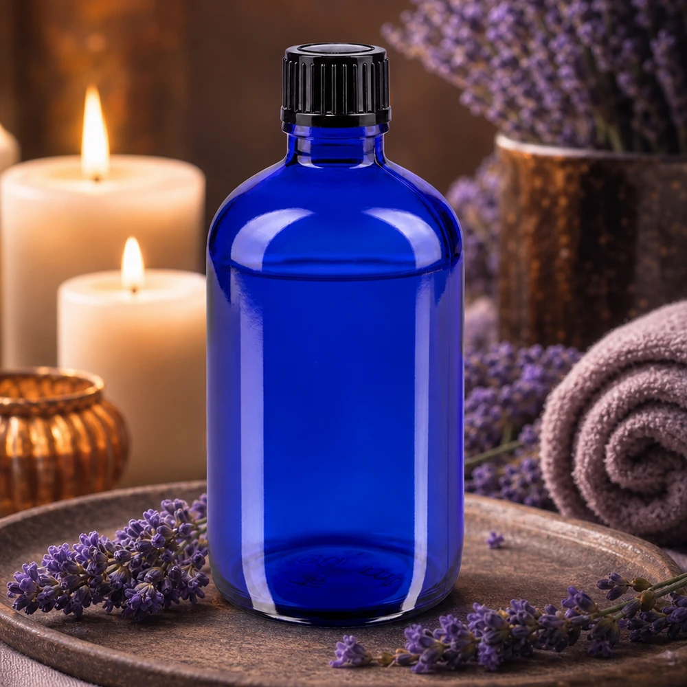 Elegant 100 ml dråbeflaske af koboltblåt apotekerglas med præcis 1 mm måleindsats