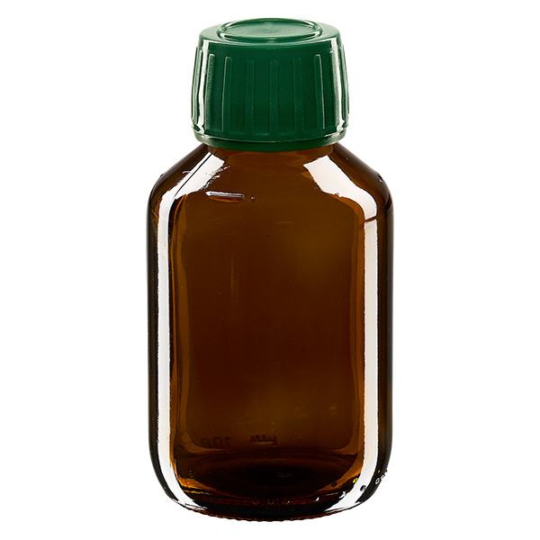 100 ml medicinflaske brun, hætte grøn med manipulationssikker ring ApoGlas. Farmaceutisk kvalitet fra EU-produktion. 28 mm (PP28) gevind. (sirup, lys glasflaske) 100 ml medicinflaske brun, hætte grøn med manipulationssikker ring ApoGlas. Farmaceutisk kvalitet fra EU-produktion. 28 mm (PP28) gevind. (sirup, lys glasflaske)