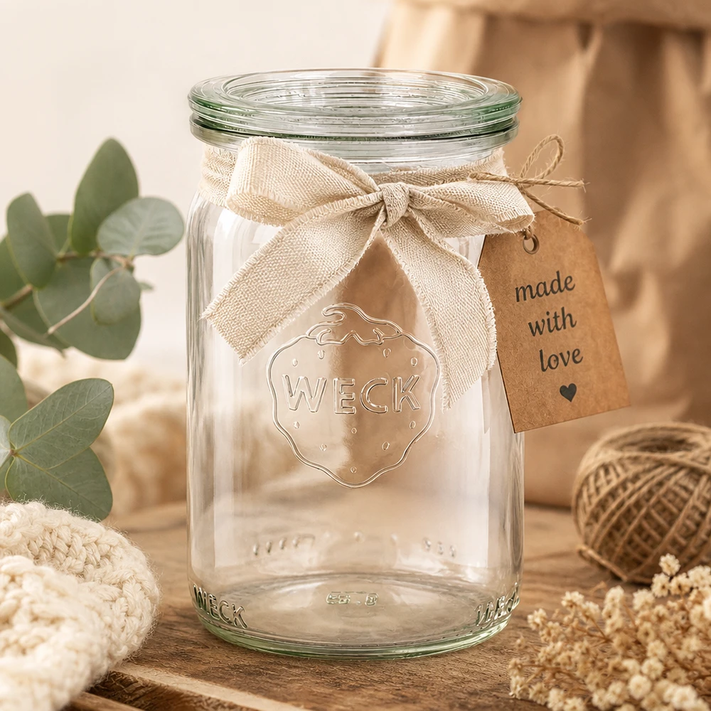145 ml cylinderglas med glaslåg WECK RR40 WECK 145 ml cylinderkrukke RR40 dekorativt arrangeret med jutebånd og Made with Love-vedhæng i en hyggelig atmosfære