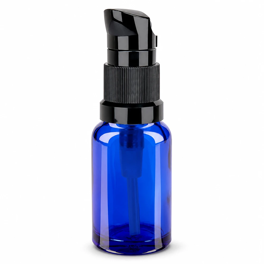 10 ml pumpeflaske sort STD BlueLine UT18/10 10 ml pumpeflaske sort med praktisk pumpedispenser til serum og olier BlueLine UT18/10