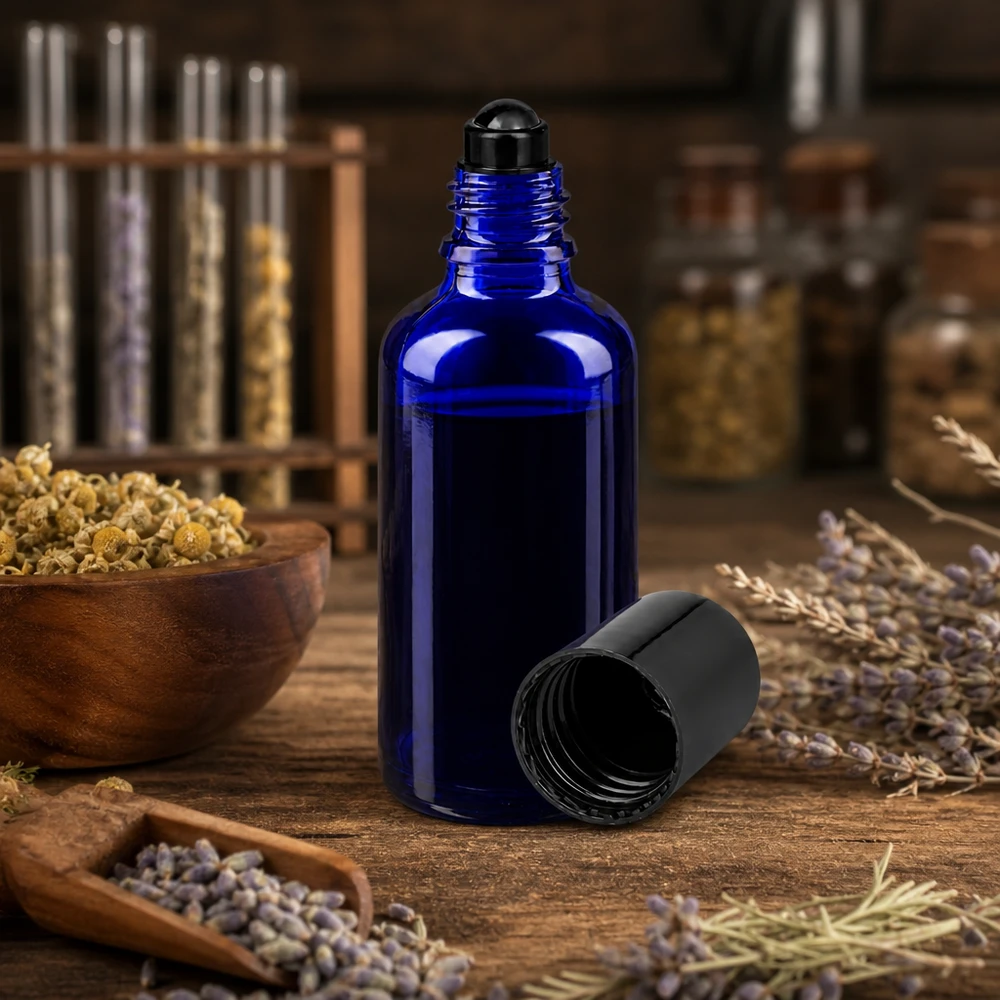 Apoteksflaske blå 50 ml roll-on-hætte sort 50 ml roll-on-flaske i koboltblå med sort kugleapplikator blandt tørrede urter og lavendel