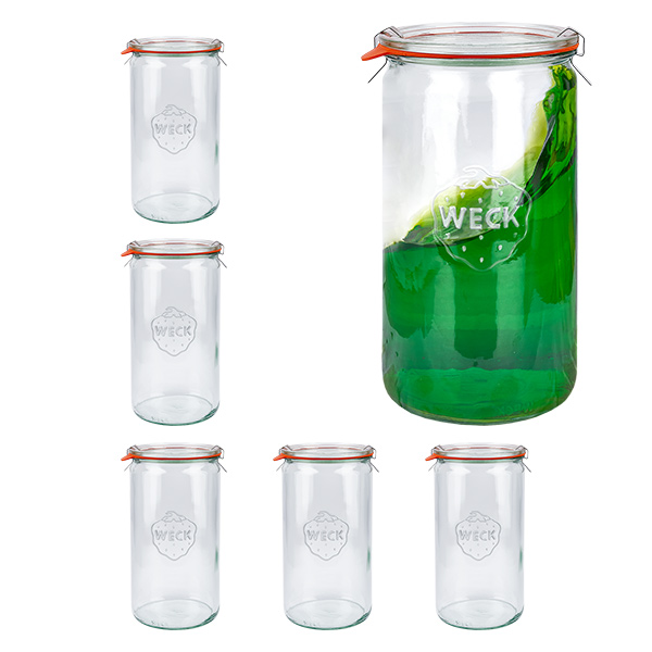 Sæt med 6 Weck-krukker 1590 ml cylindriske krukker, 1,5 liter Briller Sæt med 6 Weck-krukker 1590 ml cylindriske krukker, 1,5 liter Briller
