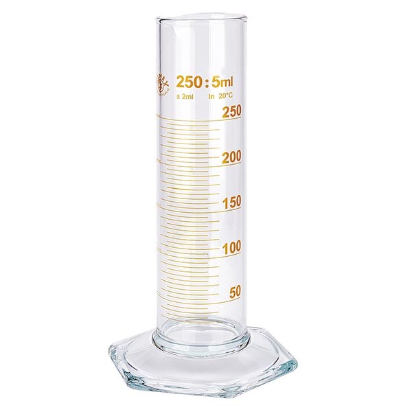 250 ml målecylinder NF af glas, brun skala. NF = lav form. Skala af borosilikatglas med tud. Sekskantet base.