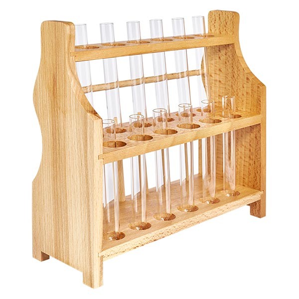 Reagensglasstativ i træ med 12 reagensglas plus sodakalk 100x12 Reagensglasstativ i træ med 12 reagensglas plus sodakalk 100x12