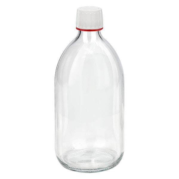 500 ml medicinflaske klar, hvid hætte med tyverisikring i rød ApoGlas. Farmaceutisk kvalitet fra EU-produktion. 28 mm (PP28) gevind. (sirup, let glasflaske) 500 ml medicinflaske klar, hvid hætte med tyverisikring i rød ApoGlas. Farmaceutisk kvalitet fra EU-produktion. 28 mm (PP28) gevind. (sirup, let glasflaske)