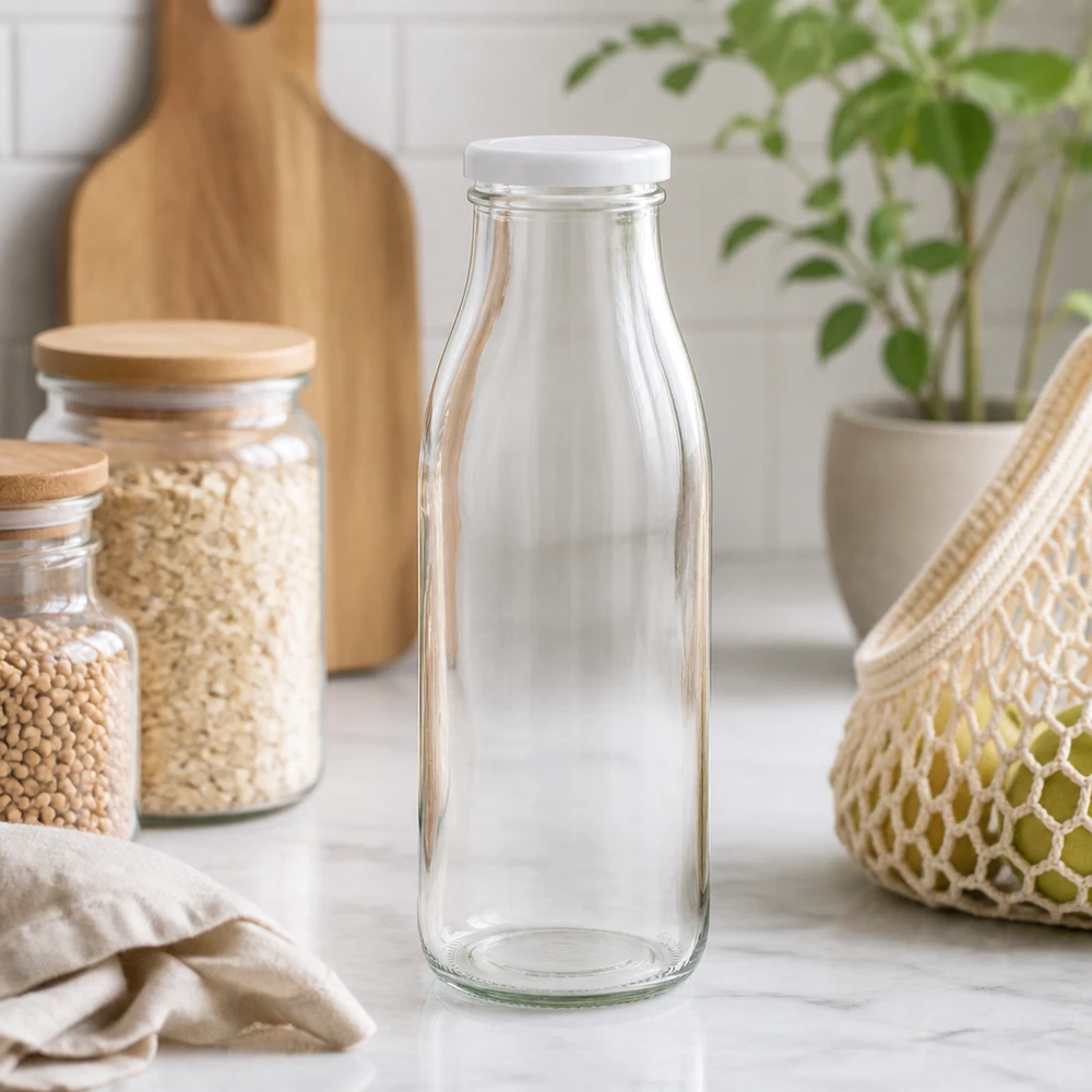 500 ml glasflaske + BasicSeal-låg hvid UNiTWIST. Absolut lækagesikker med stort TO48-låg. Til mælk, juice og limonade. 500 ml glasflaske tom i et naturligt køkkenmiljø med opbevaringskrukker og planter Lifestyle shot