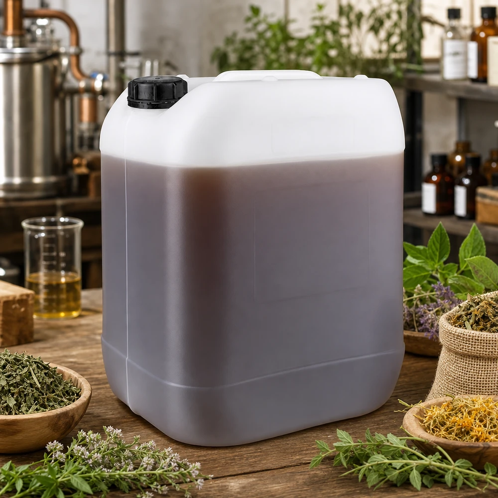 Beholder 20 liter med skruelåg OV Gennemsigtig 20-liters dunk med brunt indhold og sort skruelåg
