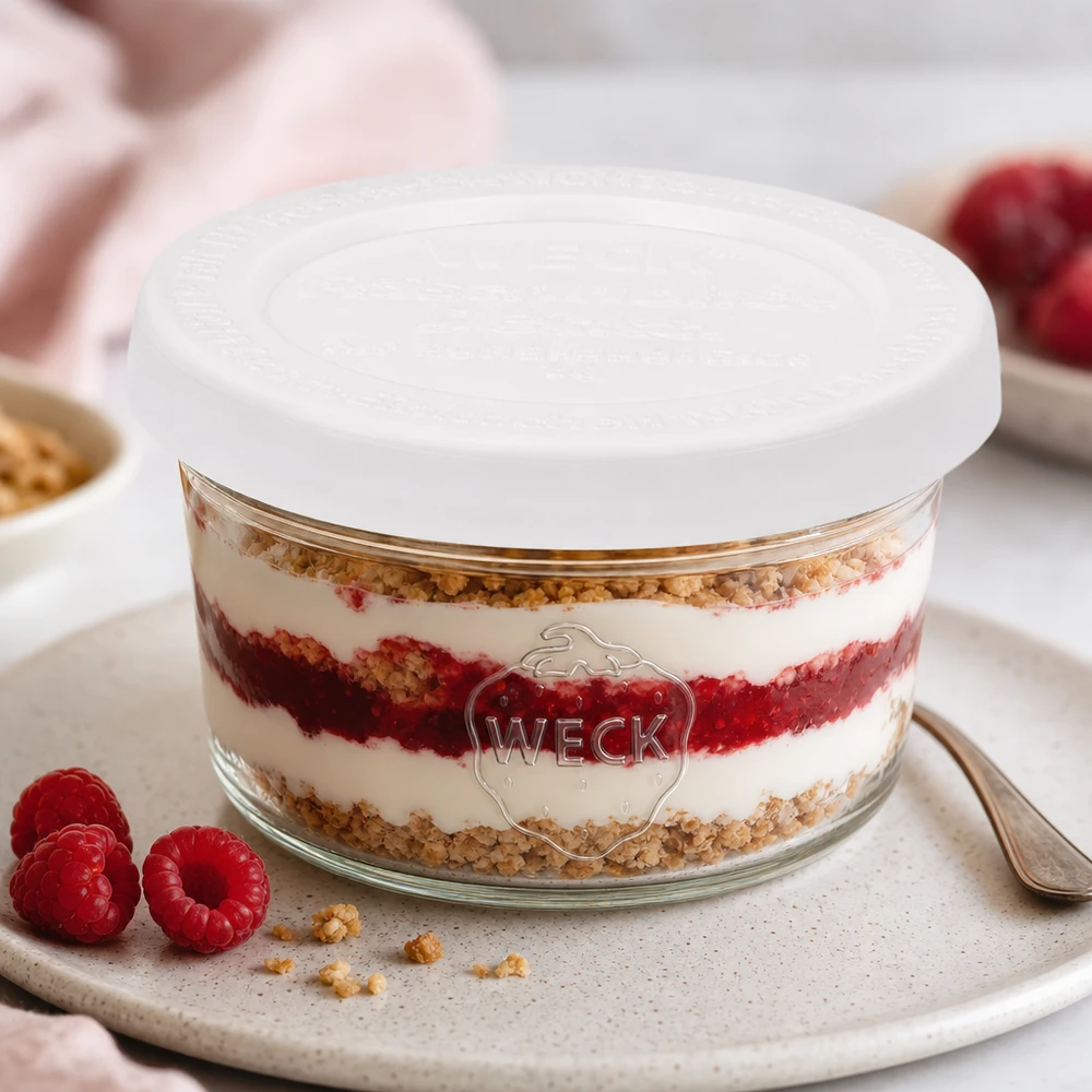 50 ml Briller med friskhedslåg WECK RR60 WECK 50 ml glas RR60 med lagdelt dessert og hindbær som dessertvariant på et hvidt serveringsfad