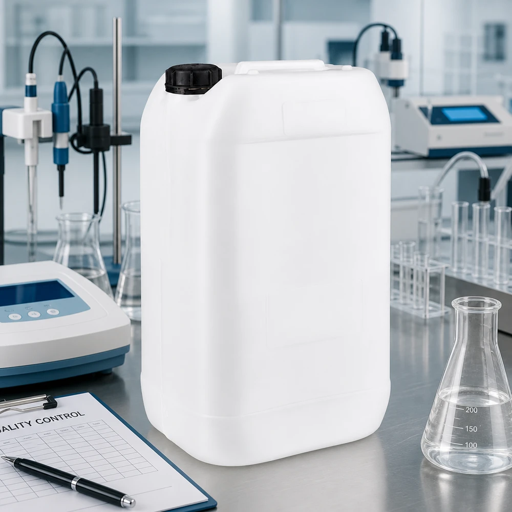 Tom 15-liters dunk med originalforsegling i et moderne laboratorium på et bord af rustfrit stål