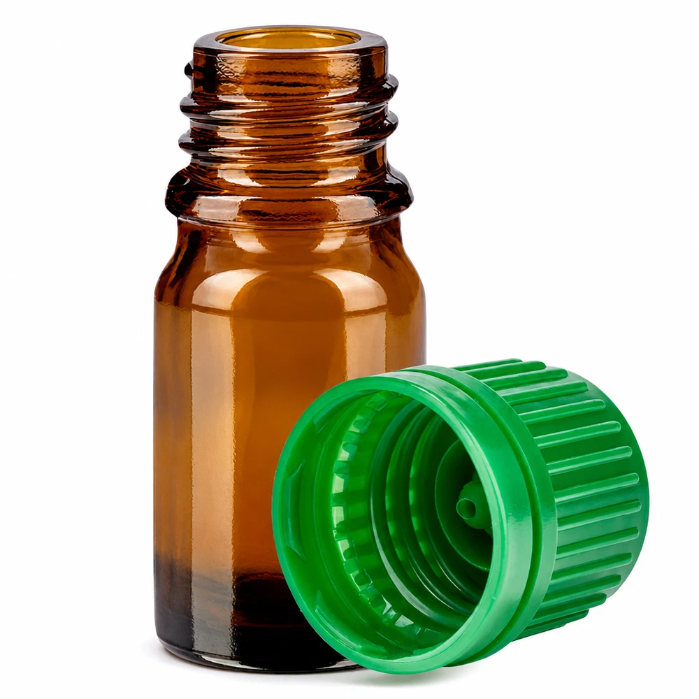 5ml flaske 11mm SV grøn OV BrownLine UT18/5 5 ml ravfarvet glasflaske med 11 mm gevind og grøn hætte til præcis dosering