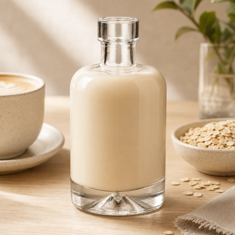 50 ml glasflaske 50ml Glasflasche "Amelie" ohne Verschluss UNiTWIST uden låg UNiTWIST® 50 ml glasflaske Amelie fyldt med havremælk omgivet af havreflager viser brug af plantebaseret mælkealternativ